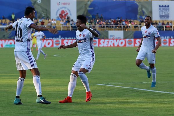 Pune&#039;s players celebrate Raju Gaikwad&#039;s own goal