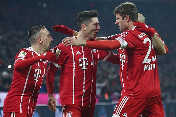 Bayern celebrate the opening goal against Schalke