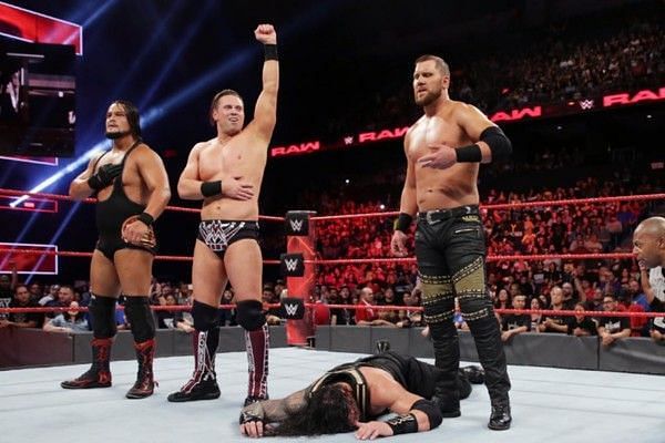 The Miztourage consisting of The Miz, Bo Dallas, and Curtis Axel.