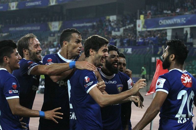 Chennaiyin players celebrate the equalizer [Photo: ISL]