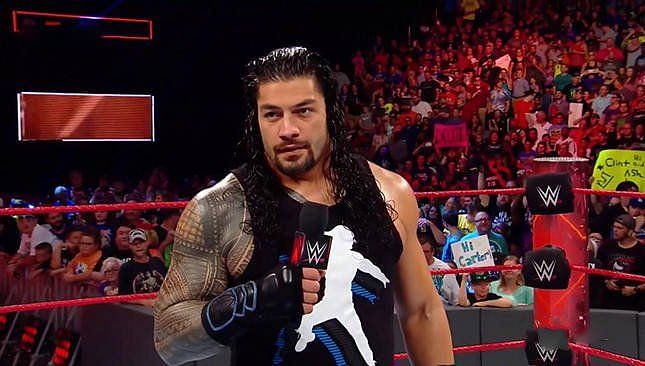 Roman Reigns delivering the pipe bomb