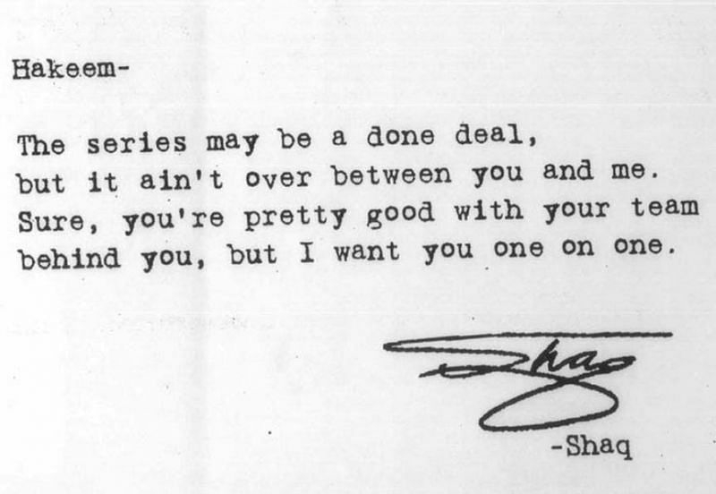 Shaq's note to Hakeem Olajuwon