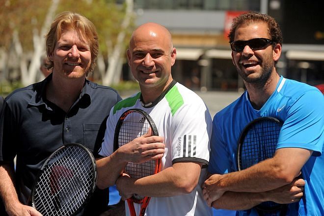 (L - R) Jim Courier, Pete Sampras, Andre Agassi