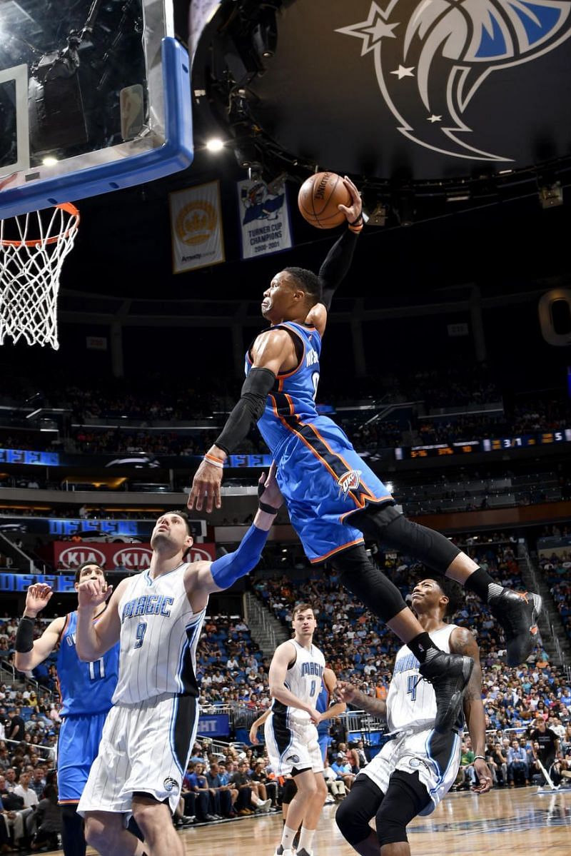Russ throwing down a one handed jam vs Orlando.