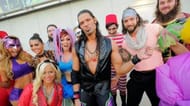 Braun Strowman is at the far right of Adam Rose. Also pictured is Becky Lynch