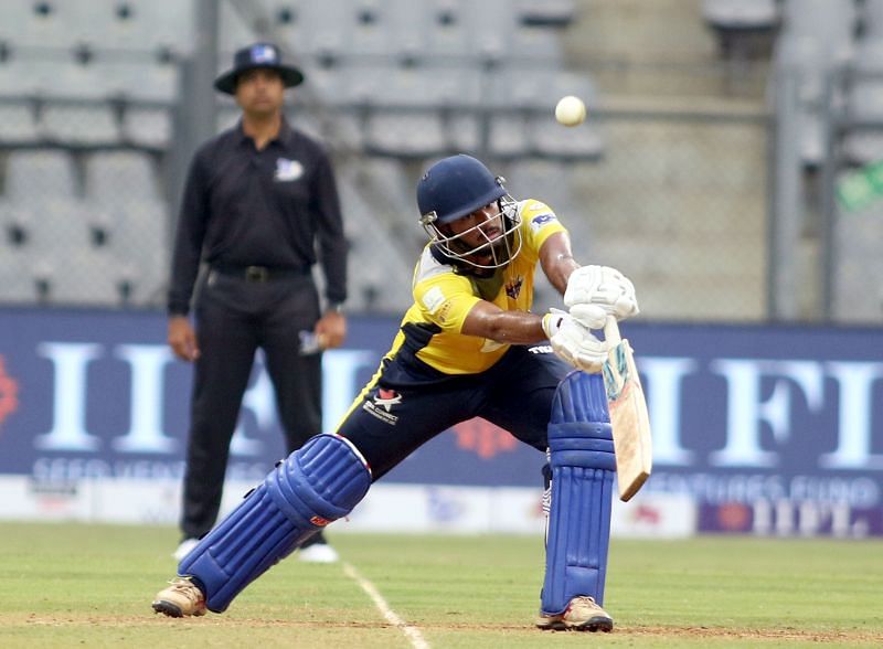 Prasad Pawar in action during the SOBO Supersonics vs. NaMo Bandra Blasters at the T20 Mumbai League today.
