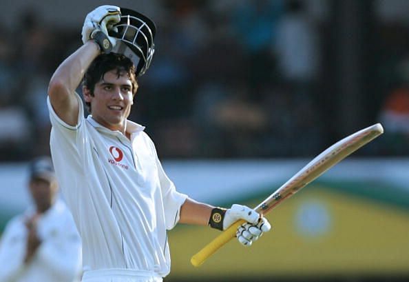 Alastair Cook celebrating his maiden century at Nagpur