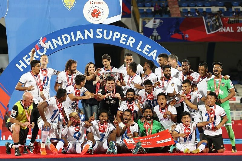 Enter captionIn their second final, it was a second title for Chennaiyin FC as they triumphed at the Sree Kanteerava Stadium on Saturday evening to emerge champions of the 2017/18 Indian Super League season. Chennaiyin beat the home side, Bengaluru FC 3-2 with two goals coming from their central defender Mailson Alves.