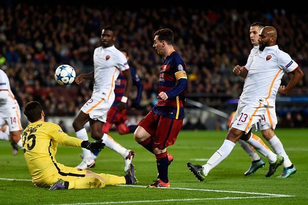 Lionel Messi struck twice when Barcelona ran riot against Roma in 2015