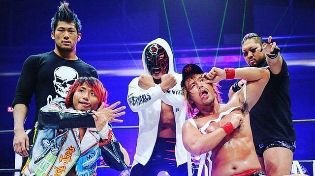 From left to right: SANADA, Takahashi, BUSHI, Naito, and EVIL