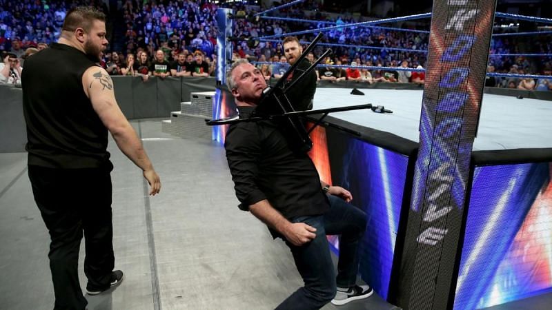 Shane McMahon after being attacked by Kevin Owens and Sami Zayn