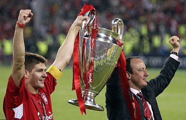 Benitez and his then-captain, Steven Gerrard, lifting the Champions League aloft after their win in 2005