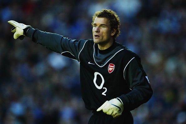 Jens Lehmann of Arsenal signals to a team mate