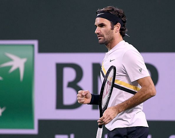 Roger Federer celebrates his BNP Paribas Open 2018 win over Hyeon Chung at Indian Wells