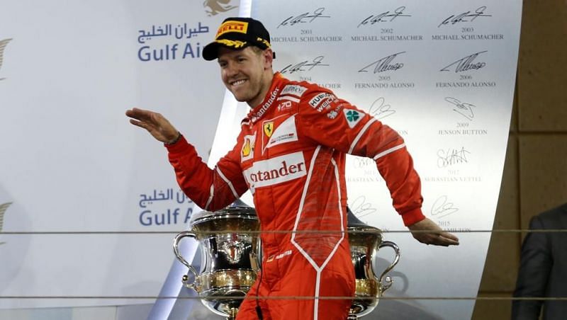 Sebastian Vettel celebrating his victory at the 2017 Bahrain Grand Prix