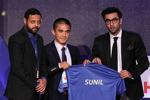 Indranil Das Blah with Sunil Chhetri and Ranbir Kapoor.