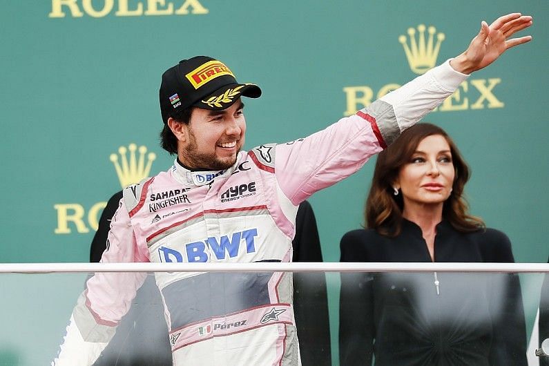 Sergio Perez celebrating on the podium in Baku 2018