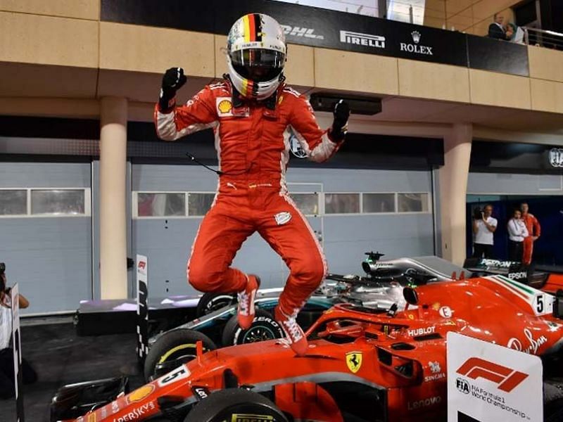 Vettel jumping for joy after holding off Valtteri Bottas in Bahrain