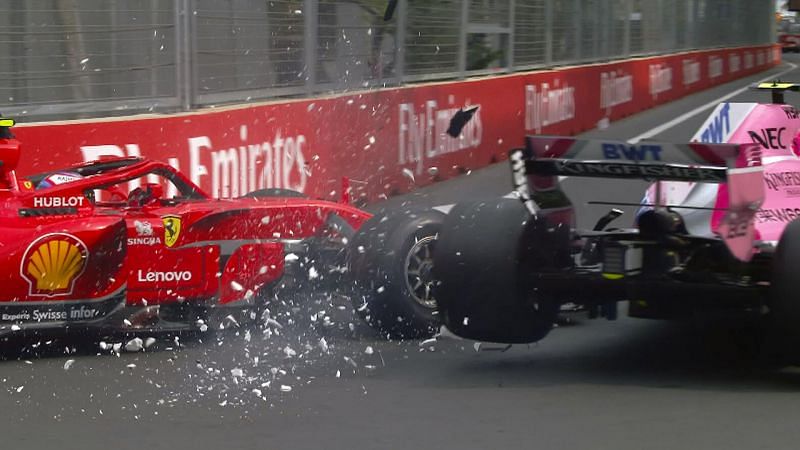 Kimi Raikkonen clashing with Esteban Ocon in Baku