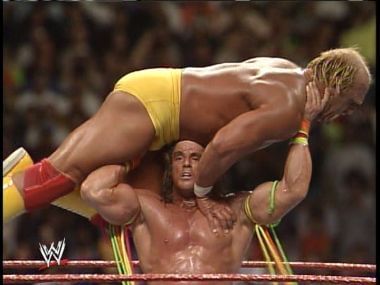 Hulk Hogan stares at the man en route to his first clean WWF loss.