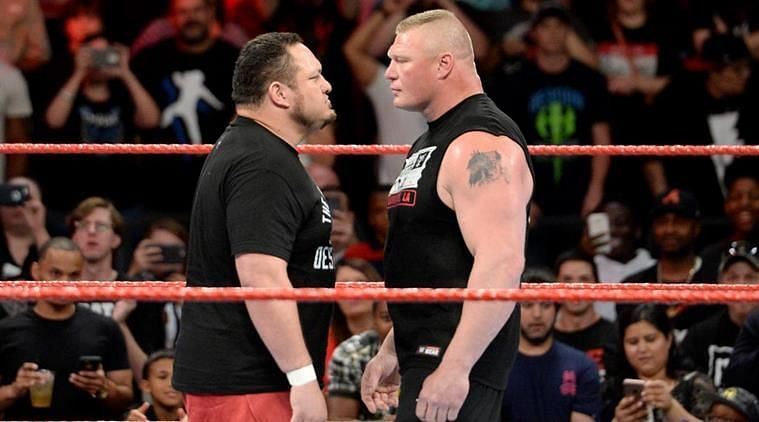 Samoa Joe face-to-face with Brock Lesnar 