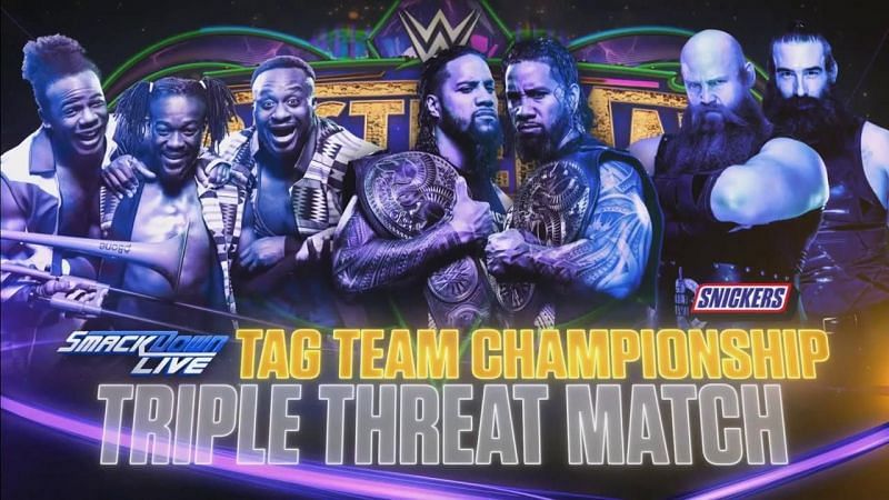 Who wins in the SmackDown Live Tag Team Triple Threat Title match?