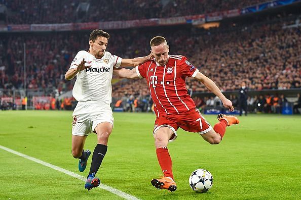 Jesus Navas (left) was always on the toes of Franck Ribery (right)