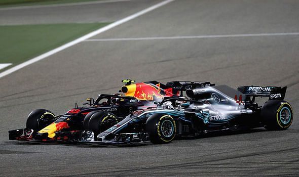 Max Verstappen clashing with Lewis Hamilton in Bahrain