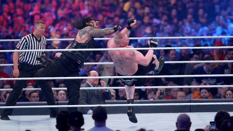 Reigns and Lesnar at WrestleMania 34.