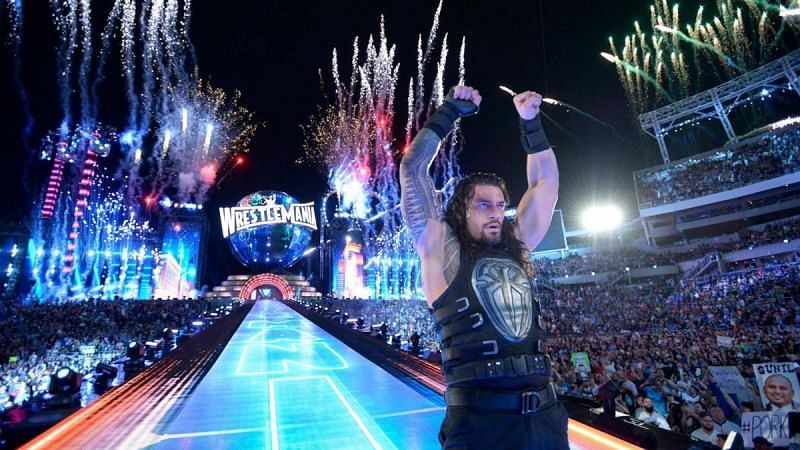 Reigns standing tall at WrestleMania last year.