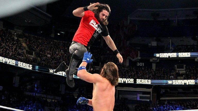 Seth Rollins leaps on to AJ Styles at Survivor Series 2016 