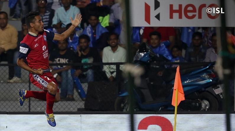 Bikash Jairu celebrates as he scores a goal against Mumbai City FC in the ISL Season 2017-2018