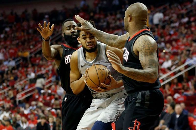 Karl-Anthony Towns hounded by PJ Tucker and James Harden