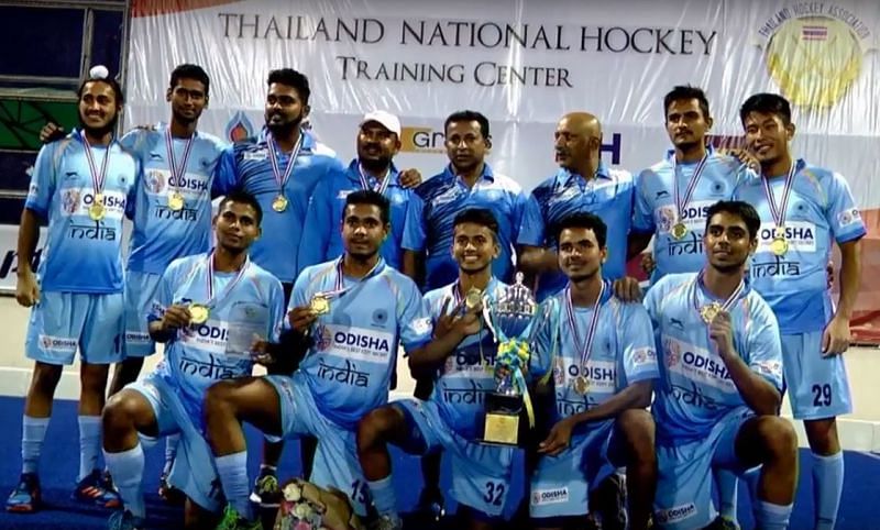 The Indian men&#039;s team after defeating Malaysia in the final.