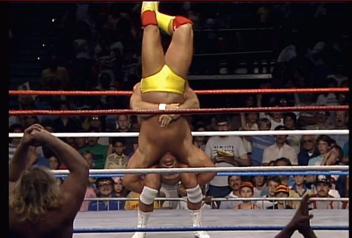 Hulk Hogan in the clutches of Paul Orndorff&#039;s piledriver.