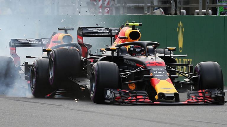 Daniel Ricciardo &amp; Max Verstappen crashing in Baku 2018