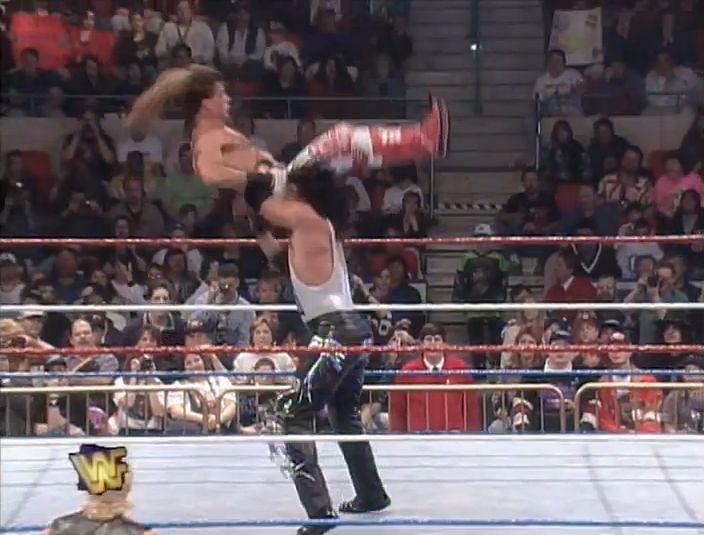 Diesel (Kevin Nash) Delivers a Jackknife powerbomb to Shawn Michaels.