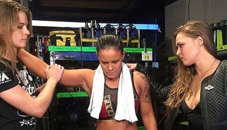 Ronda Rousey celebrates her win at &#039;Mania with her friend from UFC