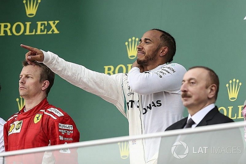 Lewis Hamilton celebrating victory in Baku