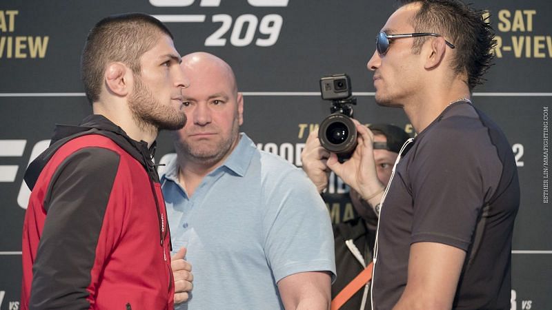 Khabib Nurmagomedov and Tony Ferguson face off as Dana White watches haplessly in the background