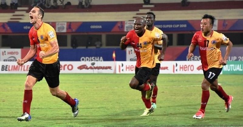 East Bengal players celebrate a goal