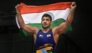 <p>Sushil Kumar celebrates after winning gold in the men's freestyle 74kg wrestling category