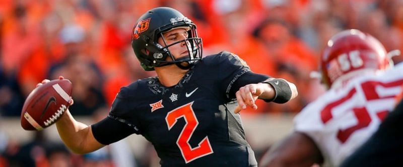 FILE - In this Nov. 4, 2017, file photo, Oklahoma State quarterback Mason Rudolph (2) attempts a pass during an NCAA football game against Oklahoma in Stillwater, Okla. Rudolph is expected to be taken in the NFL Draft. (Ian Maule/Tulsa World via AP, File)