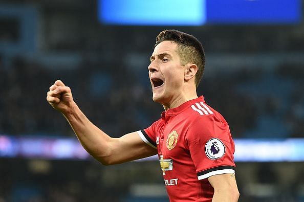 Herrera celebrates after helping United complete a remarkable comeback against City