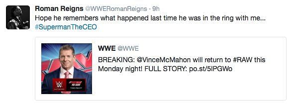 Roman Reigns tweets a veiled threat to Vince McMahon.