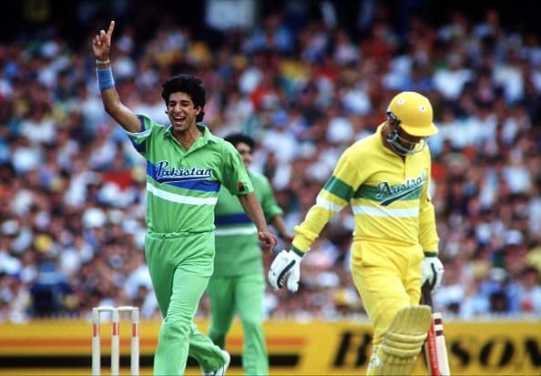Sport. Cricket. World One-Day Series. Melbourne. January 1990. Australia v Pakistan. Pakistan&#039;s Wasim Akram celebrates after taking the wicket of Australia&#039;s Geoff Marsh.