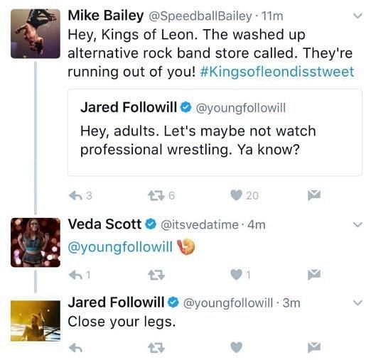 An exchange between alt rocker Jared Followill and wrestlers/wrestling fans got ugly fast.