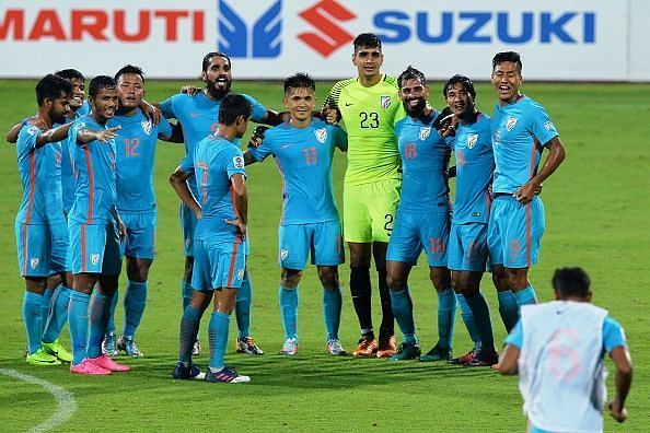 &lt;p&gt;India&#039;s captain Sunil Chhetri (C) and his teammates celebrate their team&#039;s victory in the 2019 AFC Asian Cup qualifying match between India against Macau at the Kanteerava Stadium in Bangalore