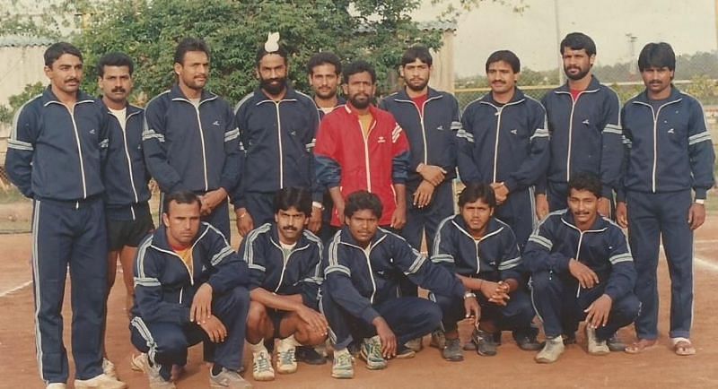The victorious Indian kabaddi team from 1990 Beijing Asiad, with the then coach E. Prasad Rao