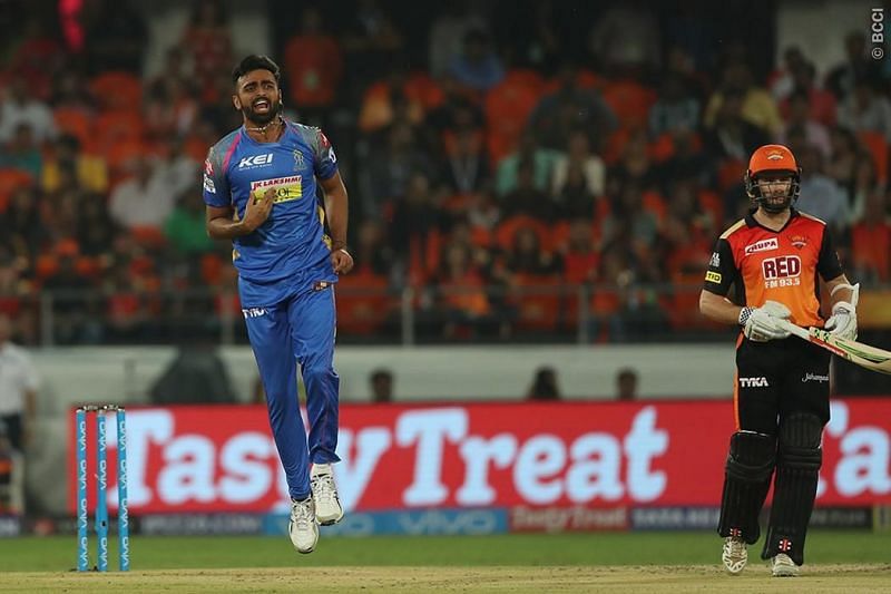 Jaydev Unadkat reacts during match four of the Vivo Indian Premier League 2018